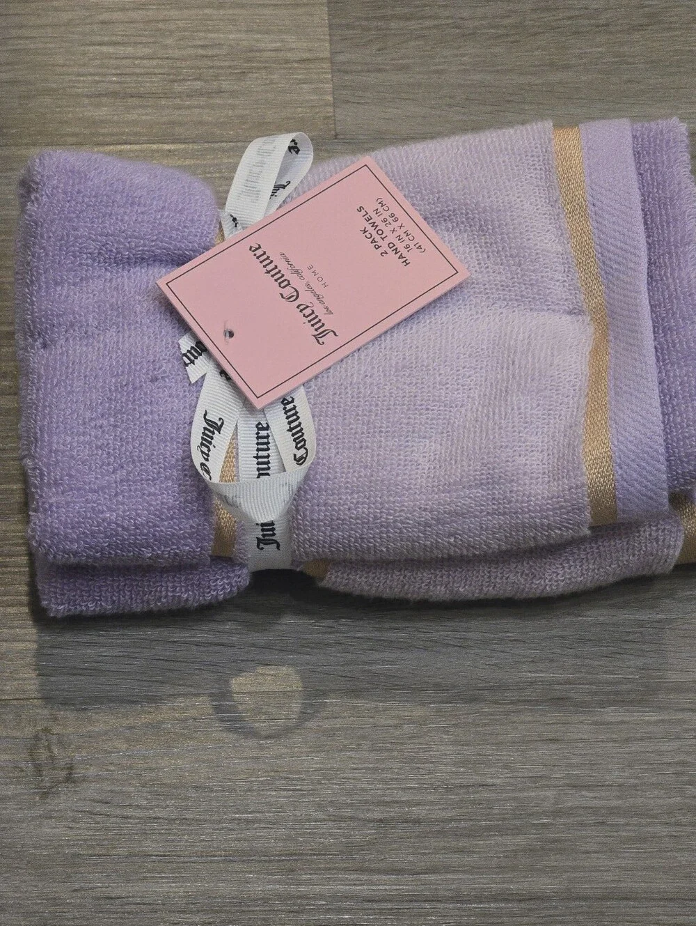 Juicy Couture Home Gold Embrodried Stripe Set Of 2 Hand Towels- Lavender